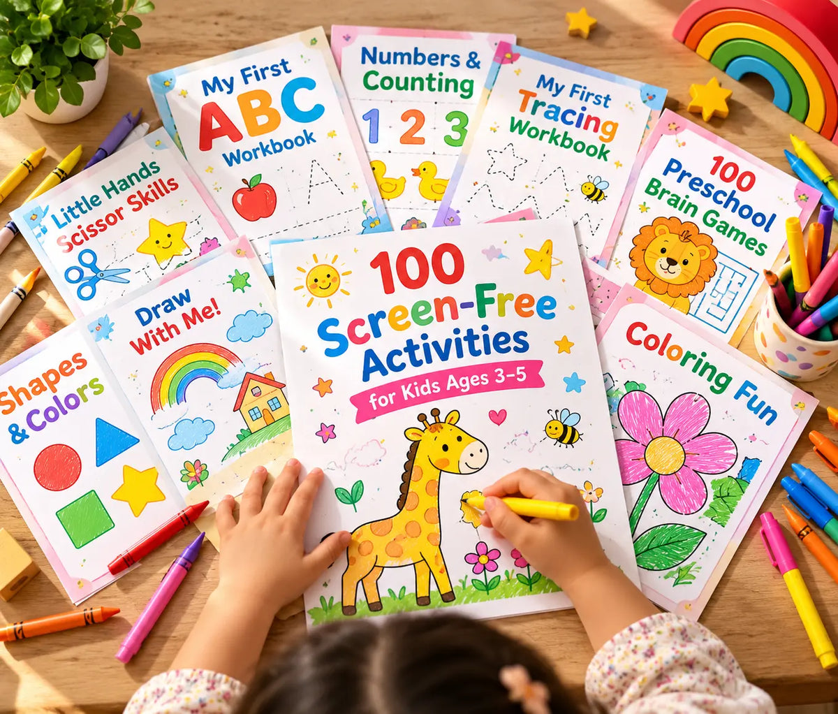 Printed activity pages with crayons and pencils