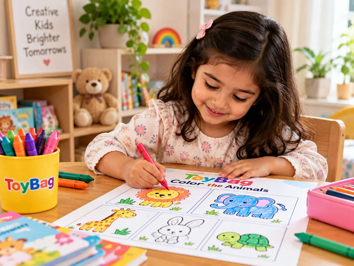 Child coloring a printed ToyBag page