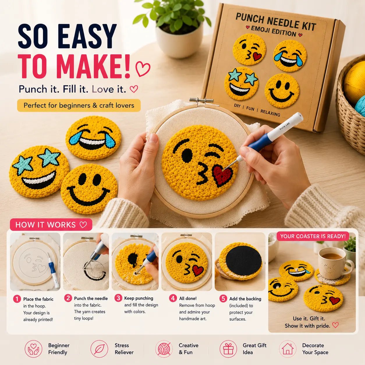 First Stitch™ Emoji Edition – Punch Needle Kit for Kids & Teens - ToyBag