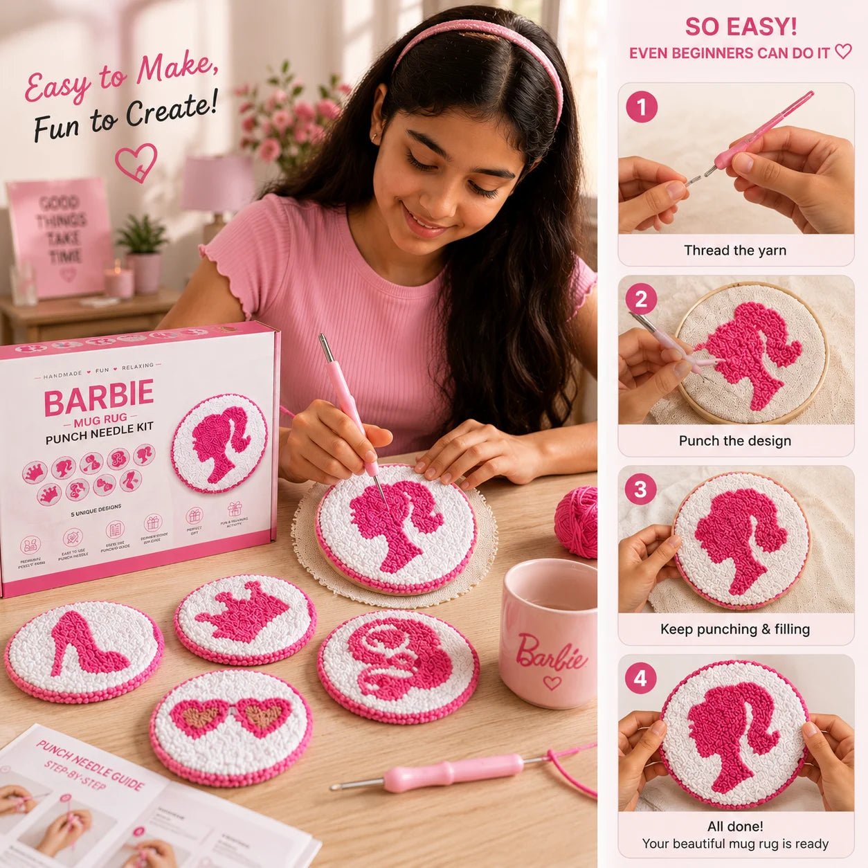 Pink Dream™ Mug Rug Kit – Punch Needle Coaster Craft for Teens - ToyBag