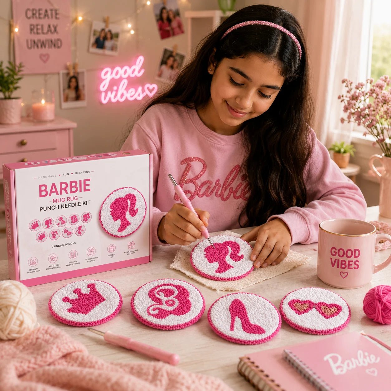 Pink Dream™ Mug Rug Kit – Punch Needle Coaster Craft for Teens - ToyBag