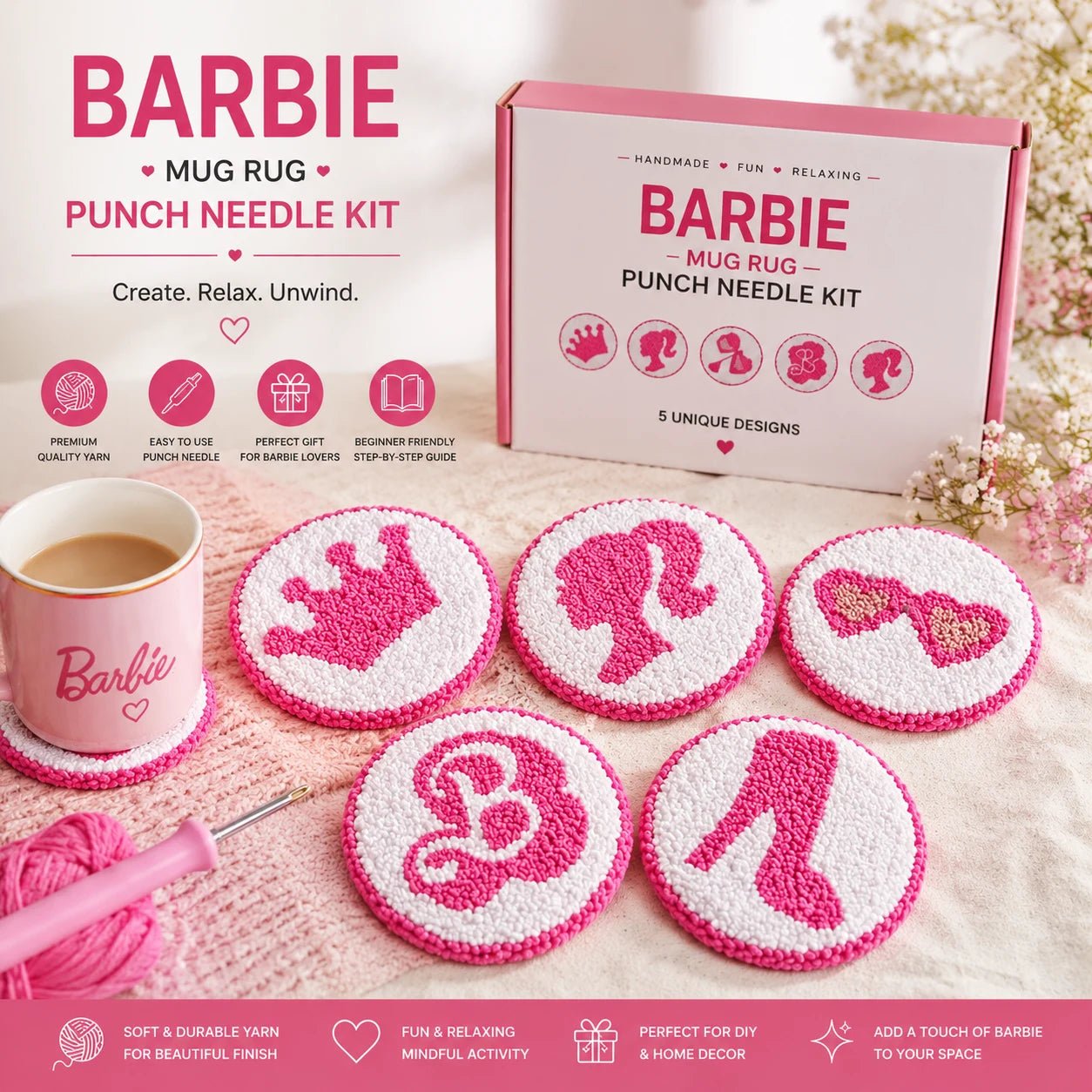 Pink Dream™ Mug Rug Kit – Punch Needle Coaster Craft for Teens - ToyBag